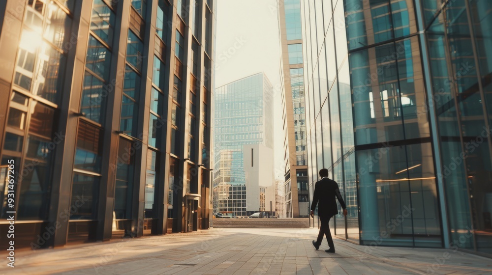 A person walks alone through a modern business district with tall, reflective skyscrapers during sunset. A person walks alone through a modern business district with tall, reflective skyscrapers during sunset.