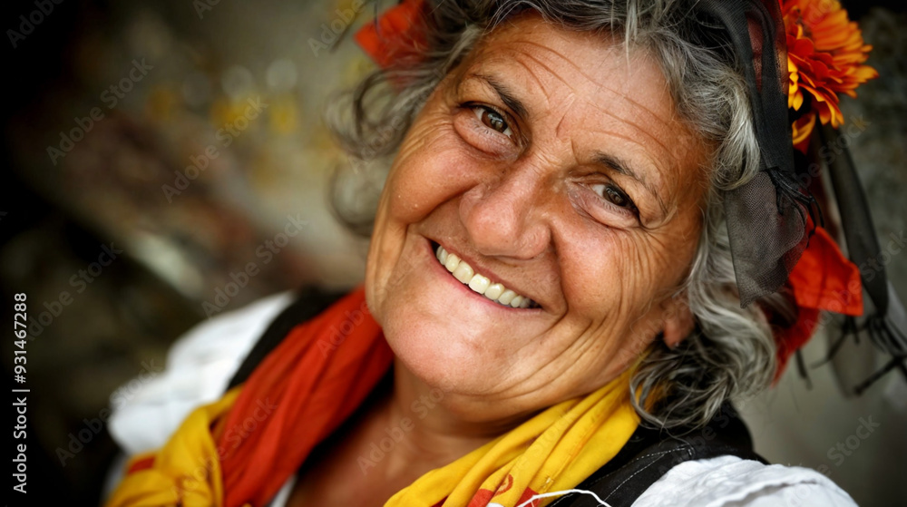 An elderly Italian woman with gray hair, wearing a black and white outfit with yellow and red accents, and a red headscarf. She is smiling and looking directly at the camera. An elderly Italian woman with gray hair, wearing a black and white outfit with yellow and red accents, and a red headscarf. She is smiling and looking directly at the camera.