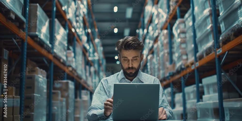 An accountant using a laptop to check inventory in a warehouse, managing logistics and shipping. An accountant using a laptop to check inventory in a warehouse, managing logistics and shipping.
