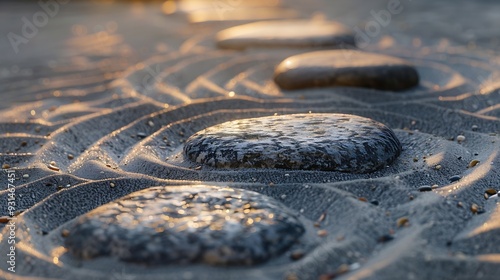 Zen Garden Calm Symbols NatureLine Pattern Texture Japan on Sand Beach BackgroundDesign Buddhism Spa MeditationDesert Balance AbstractConcept for Wellness Spirituality Spirit Mandala R : Generative AI photo