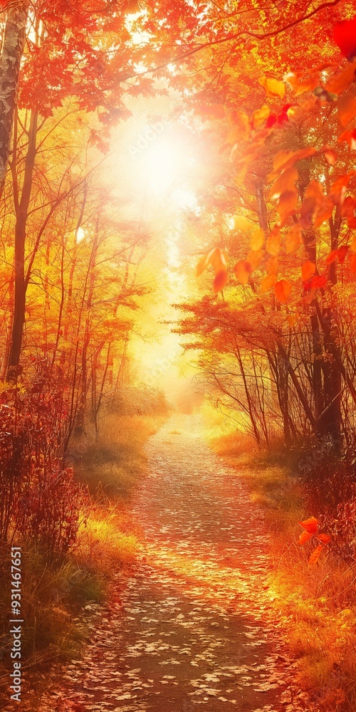 A vibrant autumn woodland with sunbeams illuminating a golden pathway, surrounded by colorful foliage. A vibrant autumn woodland with sunbeams illuminating a golden pathway, surrounded by colorful foliage.