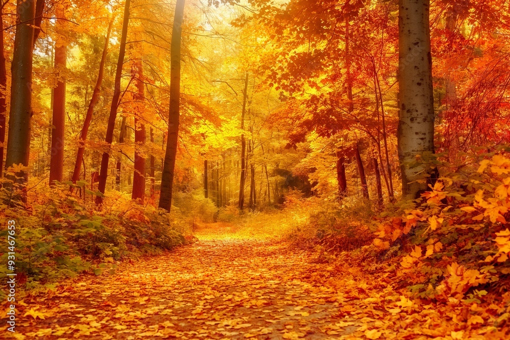 Sunbeams illuminate vibrant foliage along a golden autumnal path in a tranquil woodland setting. Sunbeams illuminate vibrant foliage along a golden autumnal path in a tranquil woodland setting.