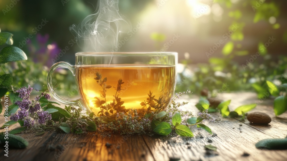 A steaming cup of herbal tea sits on a wooden surface, surrounded by fresh herbs and sunlight, evoking calmness and nature. A steaming cup of herbal tea sits on a wooden surface, surrounded by fresh herbs and sunlight, evoking calmness and nature.