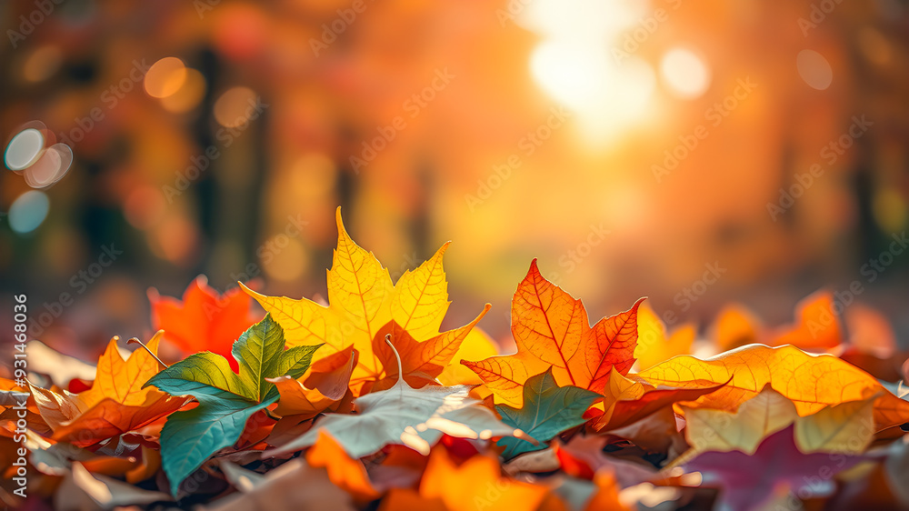 Autumn colorful bright leaves on tree in autumnal park. Autumnal pattern background fall backdrop. Raindrops and serene sunset light, soft focus bokeh blur tranquil. Magical mood, colorful foliage. AI Autumn colorful bright leaves on tree in autumnal park. Autumnal pattern background fall backdrop. Raindrops and serene sunset light, soft focus bokeh blur tranquil. Magical mood, colorful foliage. AI