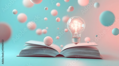 Glowing Knowledge 3D Rendered Book Concept with Floating Shapes