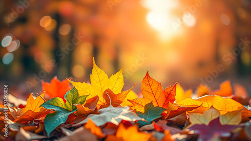 Fototapeta Naklejka Na Ścianę i Meble -  Autumn colorful bright leaves on tree in autumnal park. Autumnal pattern background fall backdrop. Raindrops and serene sunset light, soft focus bokeh blur tranquil. Magical mood, colorful foliage. AI