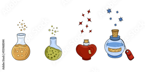 Magic Bottles, Glass flasks with potions of different shapes with stoppers and bubbles. Vector illustration Alchemical elixirs, potions, liquids different. Thema magic, medicine, alternative therapy.