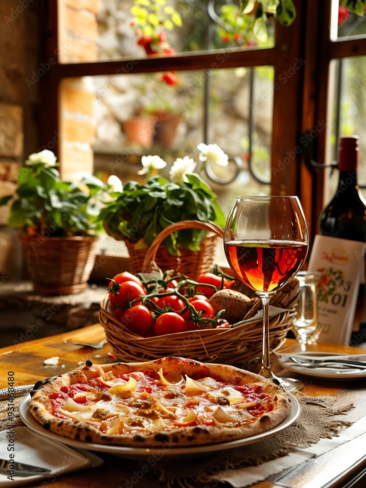An Iitalian pizza with cheese, tomatoes, and onions on a plate, with a glass of red wine and a basket of tomatoes on a table. An Iitalian pizza with cheese, tomatoes, and onions on a plate, with a glass of red wine and a basket of tomatoes on a table.