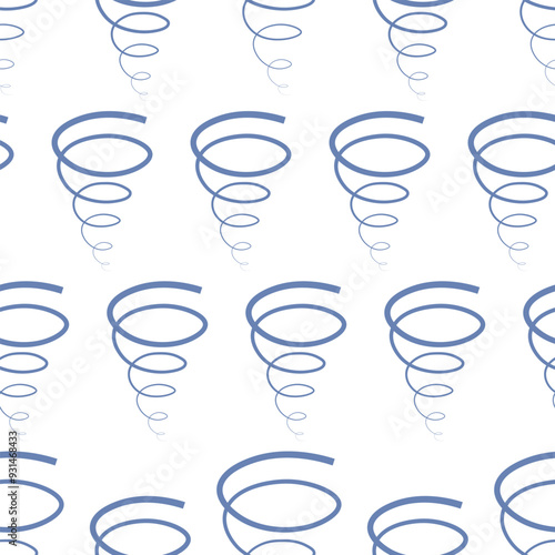 Tornado. Spring funnel blue. Seamless vector pattern. Isolated colorless background. Repeating endless ornament with spinning tornado. Strong wind spins in a spiral. Flat style. Idea for web design.