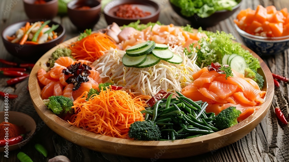 chinese new year asian local Malaysia yu sheng lo hei colorful salad vegan abalone salmon sweet sauce powder platter on wood table halal asian food restaurant banquet cafe menu : Generative AI chinese new year asian local Malaysia yu sheng lo hei colorful salad vegan abalone salmon sweet sauce powder platter on wood table halal asian food restaurant banquet cafe menu : Generative AI