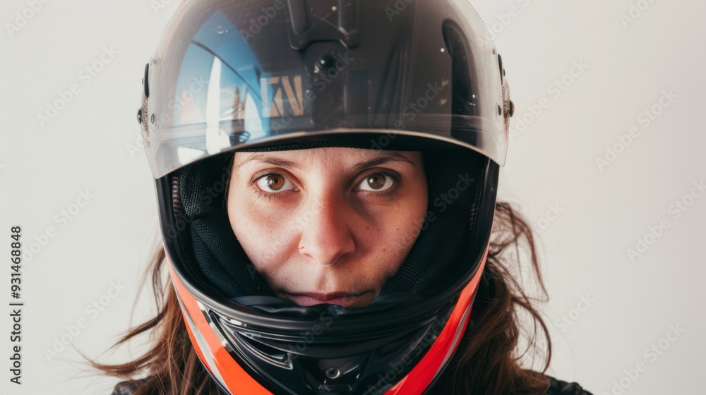 A close-up of a woman wearing a motorcycle helmet, with eyes reflecting determination and focus, ready for an adventurous ride. A close-up of a woman wearing a motorcycle helmet, with eyes reflecting determination and focus, ready for an adventurous ride.
