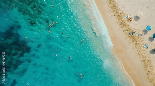 aerial top view of a white sand beach with crystal clear turquoise water and people on the beach and inside the water enjoying the sun : Generative AI photo