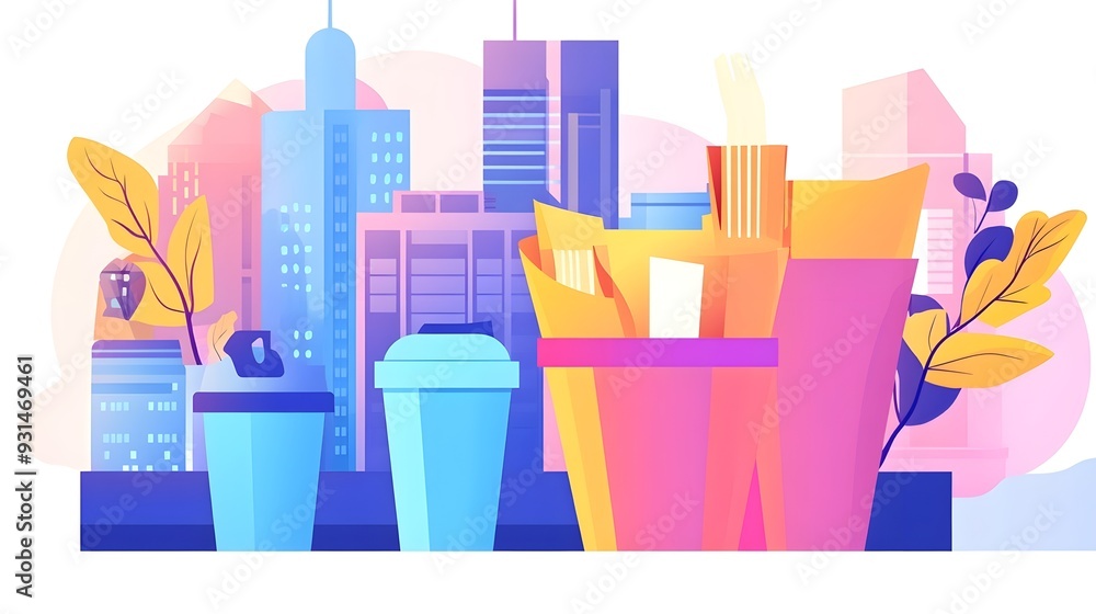 Obraz premium Cityscape with Takeaway Food and Drinks