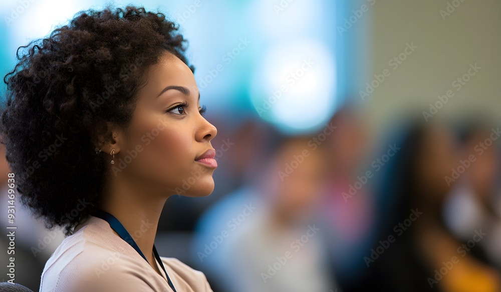 A woman audience member sits in a chair at a business conference or presentation with a blurred crowd of people A woman audience member sits in a chair at a business conference or presentation with a blurred crowd of people