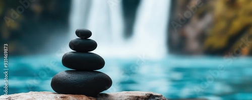 A stack of smooth black stones balanced on top of each other, with a blurred waterfall acreating a serene background. photo