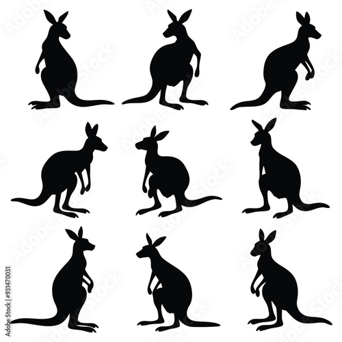 A collection of 9 kangaroo silhouettes in different stances