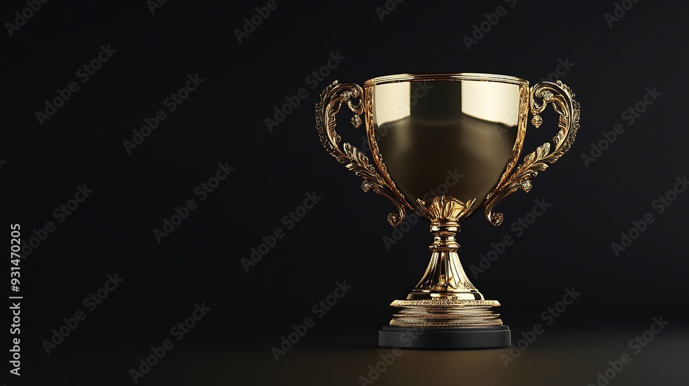 Golden Trophy with Confetti Rain on a Green Field Golden Trophy with Confetti Rain on a Green Field