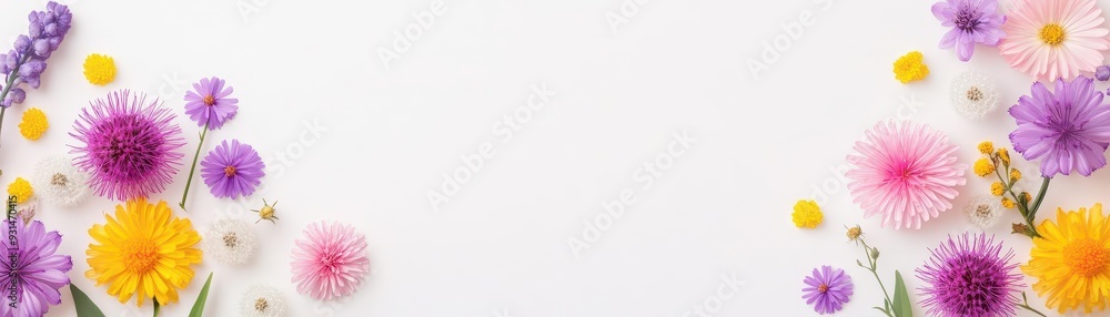 Obraz premium Floral arrangement with pink, purple, and yellow flowers on white background.