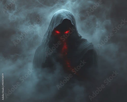 Sin personified in a shroud of darkness, shadowy figure with red eyes, enveloped in black mist, haunting and eerie background, chilling atmosphere photo