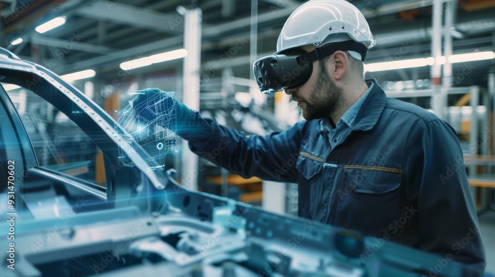An automotive engineer using a tablet to interact with a digital interface while working on car assembly in a high-tech manufacturing plant. An automotive engineer using a tablet to interact with a digital interface while working on car assembly in a high-tech manufacturing plant.