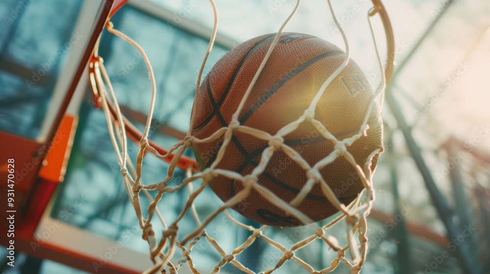 Fototapeta premium A close-up view of a basketball swishing through the hoop, bathed in the golden sunlight of an outdoor court.