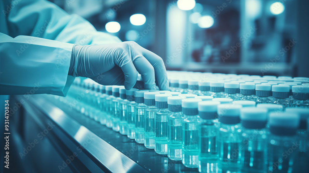 Hand of Pharmaceutical scientist wearing medical glove checking of vaccine bottle on production line conveyor in pharmaceutical factory Hand of Pharmaceutical scientist wearing medical glove checking of vaccine bottle on production line conveyor in pharmaceutical factory