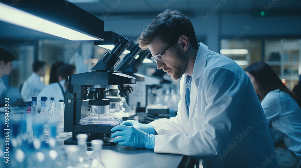 Male scientist using microscope in white modern laboratory Male scientist using microscope in white modern laboratory