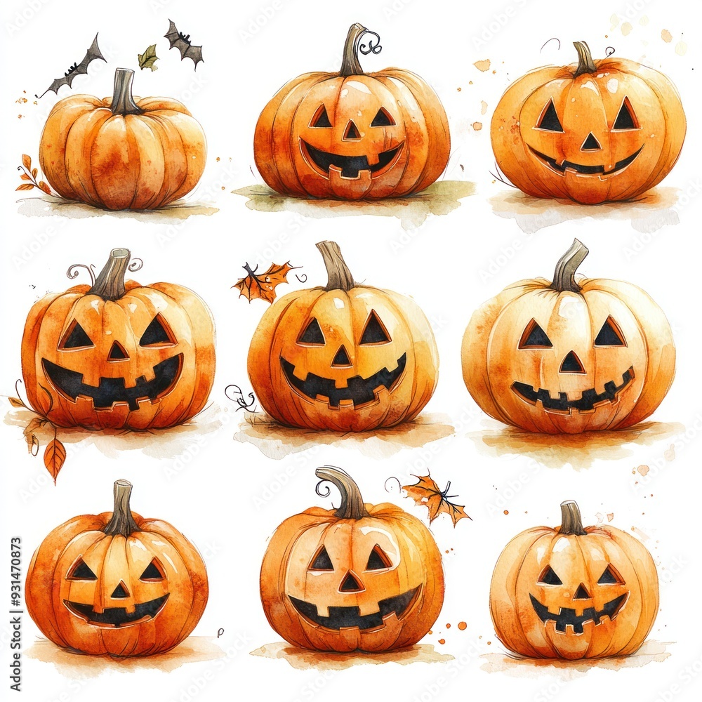 Watercolor Illustration of Jack-O'-Lantern Pumpkins with Bats and Leaves Watercolor Illustration of Jack-O'-Lantern Pumpkins with Bats and Leaves