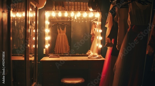 A dimly lit backstage dressing room with vintage bulbs around a mirror casts a warm glow on an elegant dress waiting to be worn.