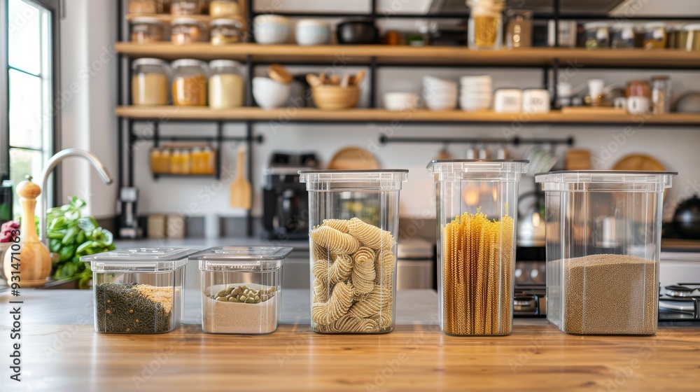 A modern kitchen with neatly organized transparent containers filled with various pasta and grains, highlighting a sense of order and culinary abundance. A modern kitchen with neatly organized transparent containers filled with various pasta and grains, highlighting a sense of order and culinary abundance.