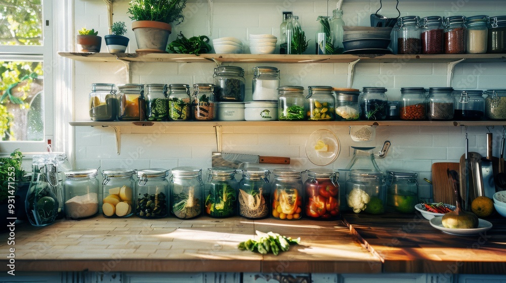 A quaint kitchen shelf filled with neatly organized jars of spices, vegetables, and kitchen supplies under a sunny window, emanating a rustic charm. A quaint kitchen shelf filled with neatly organized jars of spices, vegetables, and kitchen supplies under a sunny window, emanating a rustic charm.