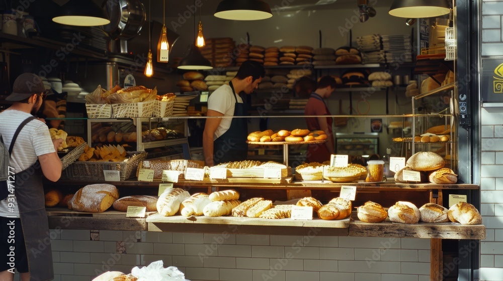 A bustling bakery counter overflowing with a medley of freshly baked breads and pastries, invitingly displayed in a warm and welcoming ambiance. A bustling bakery counter overflowing with a medley of freshly baked breads and pastries, invitingly displayed in a warm and welcoming ambiance.