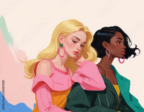 Two beautiful women with long hair and bright makeup in green and pink clothes