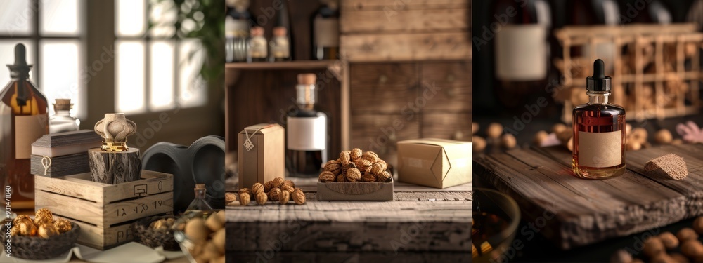 Rustic collection of bottles and packaging on wooden crates Rustic collection of bottles and packaging on wooden crates