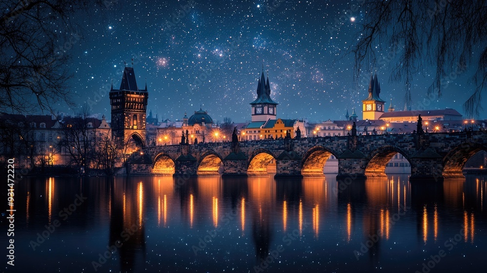 A breathtaking view of the Charles Bridge lit up under a starry sky, showcasing Prague historic charm. A breathtaking view of the Charles Bridge lit up under a starry sky, showcasing Prague historic charm.