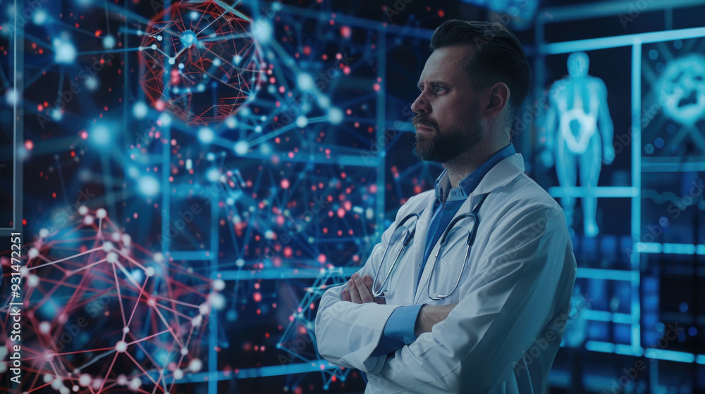 A doctor observes complex data visualization related to health research in a futuristic lab A doctor observes complex data visualization related to health research in a futuristic lab