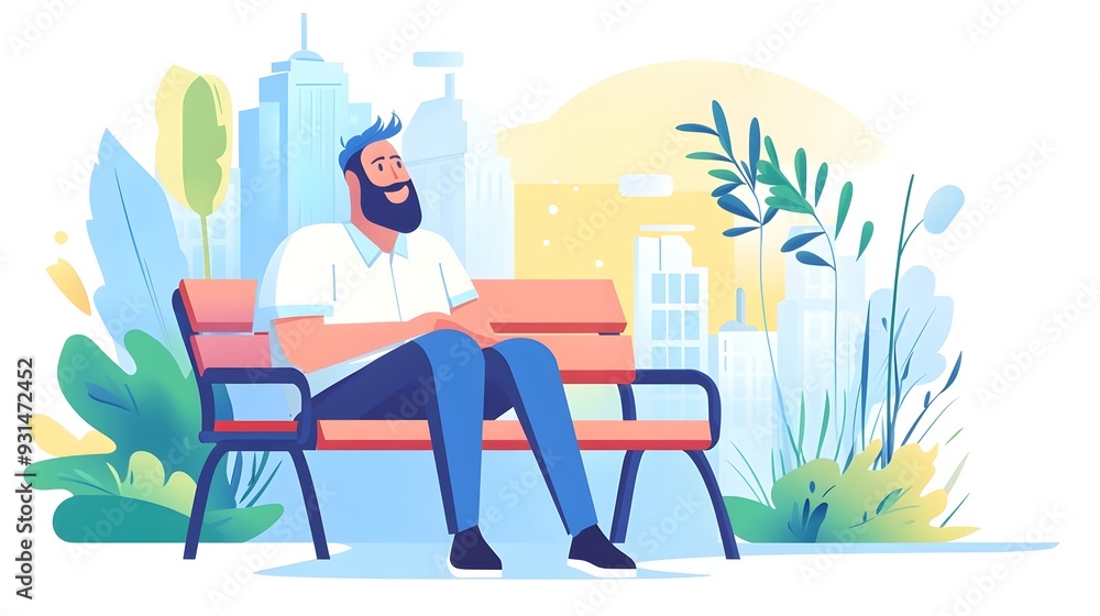 Man Relaxing on Bench in Urban Park, Cityscape Background Man Relaxing on Bench in Urban Park, Cityscape Background
