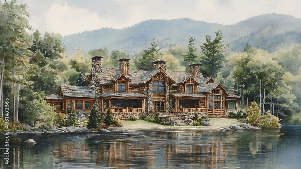 Naklejka premium Watercolor Painting of a Rustic Log Cabin on a Lake.