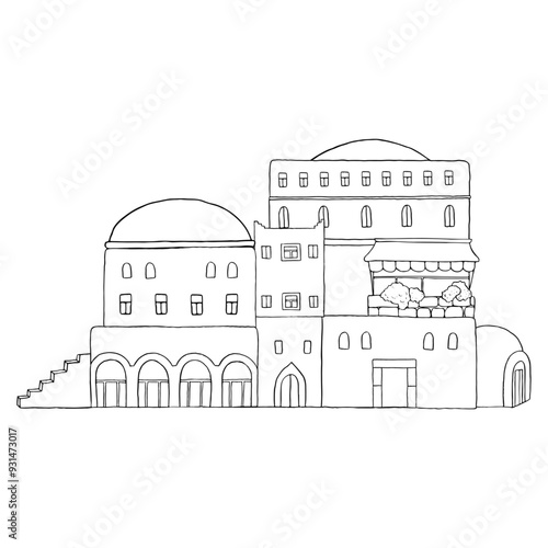 Traditional old Arabic street architecture with stone houses on middle east black white vector illustration. Islamic city with domes, doors, balcony. Moroccan or Saudi Arabia cityscape for coloring