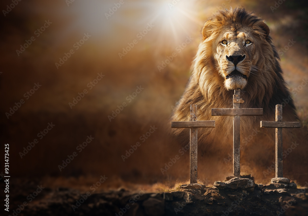 lion-of-judah-over-three-wooden-crosses-calvary-of-golgotha