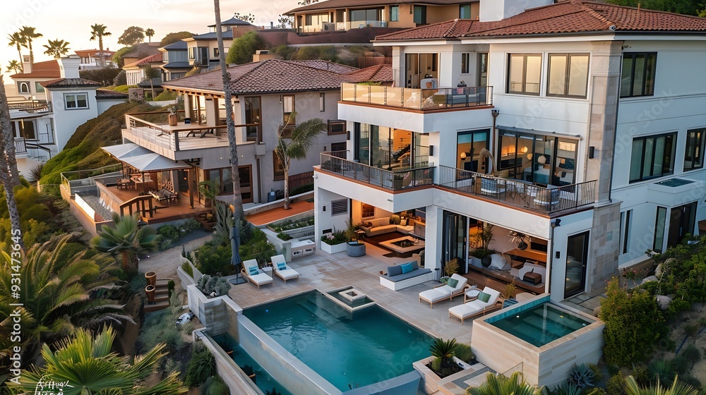 Fototapeta premium Aerial view of hillside luxury single family homes above Sunset Beach San Diego with palm trees and large terrace : Generative AI