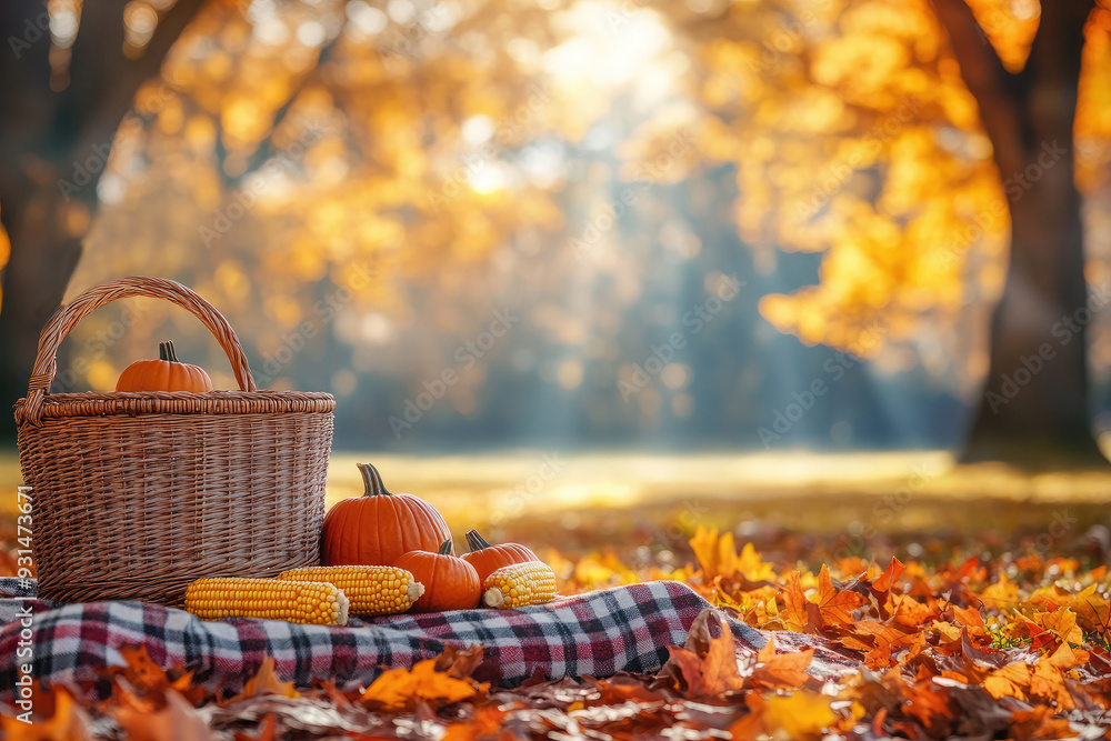 Wicker basket filled with pumpkins and corn sits on a picnic blanket in a park, surrounded by vibrant fall foliage, capturing autumn's essence with warm sunlight and cozy vibes. Copy space Wicker basket filled with pumpkins and corn sits on a picnic blanket in a park, surrounded by vibrant fall foliage, capturing autumn's essence with warm sunlight and cozy vibes. Copy space