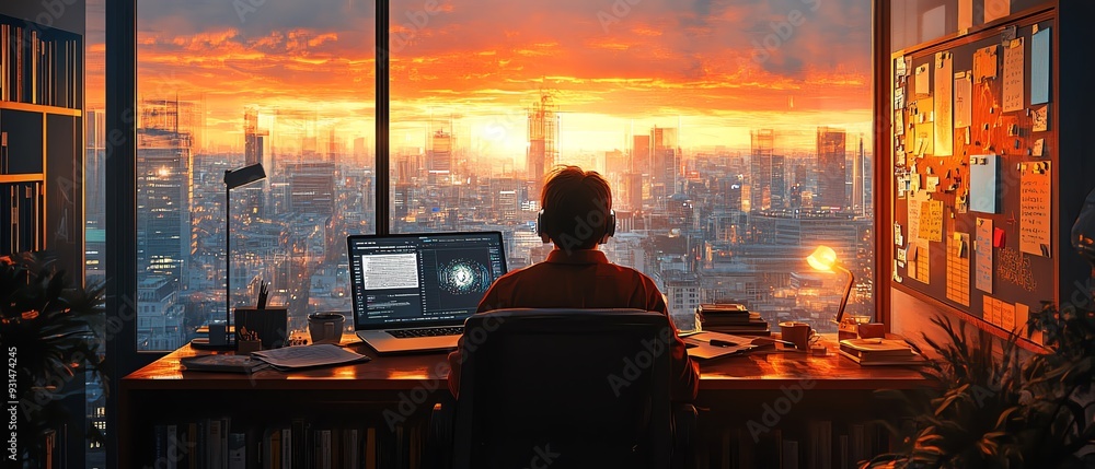 Realistic wide panoramic image of a writers workspace with AI scenario synopsis generator Realistic wide panoramic image of a writers workspace with AI scenario synopsis generator