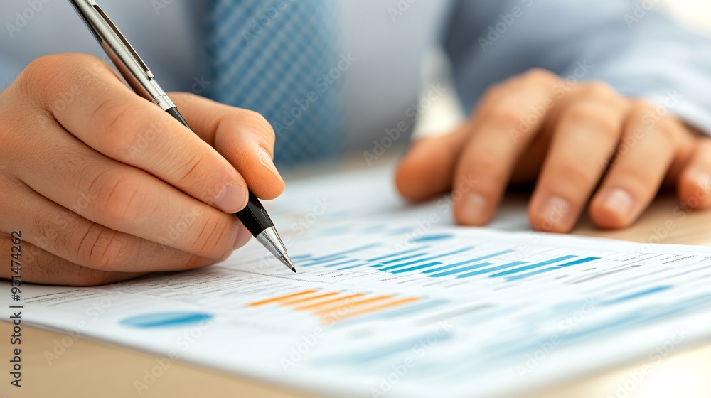 Close-up of a financial advisor's hands working on a financial plan with charts and graphs on the table, light solid color background Close-up of a financial advisor's hands working on a financial plan with charts and graphs on the table, light solid color background