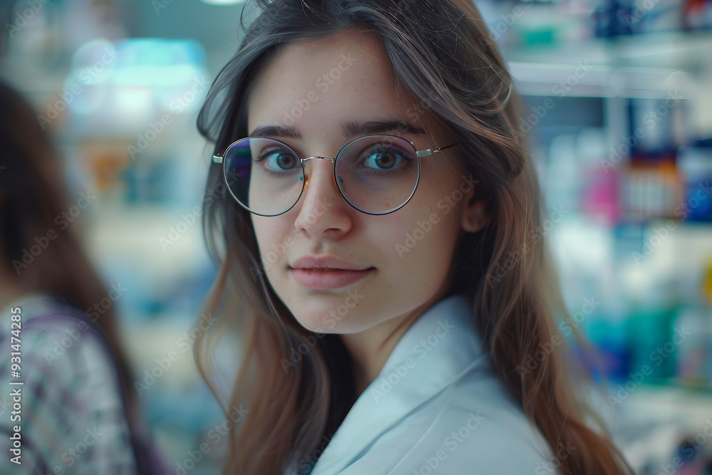 Photo of smiling pharmacist on the background of shelves with medicines generative AI Photo of smiling pharmacist on the background of shelves with medicines generative AI