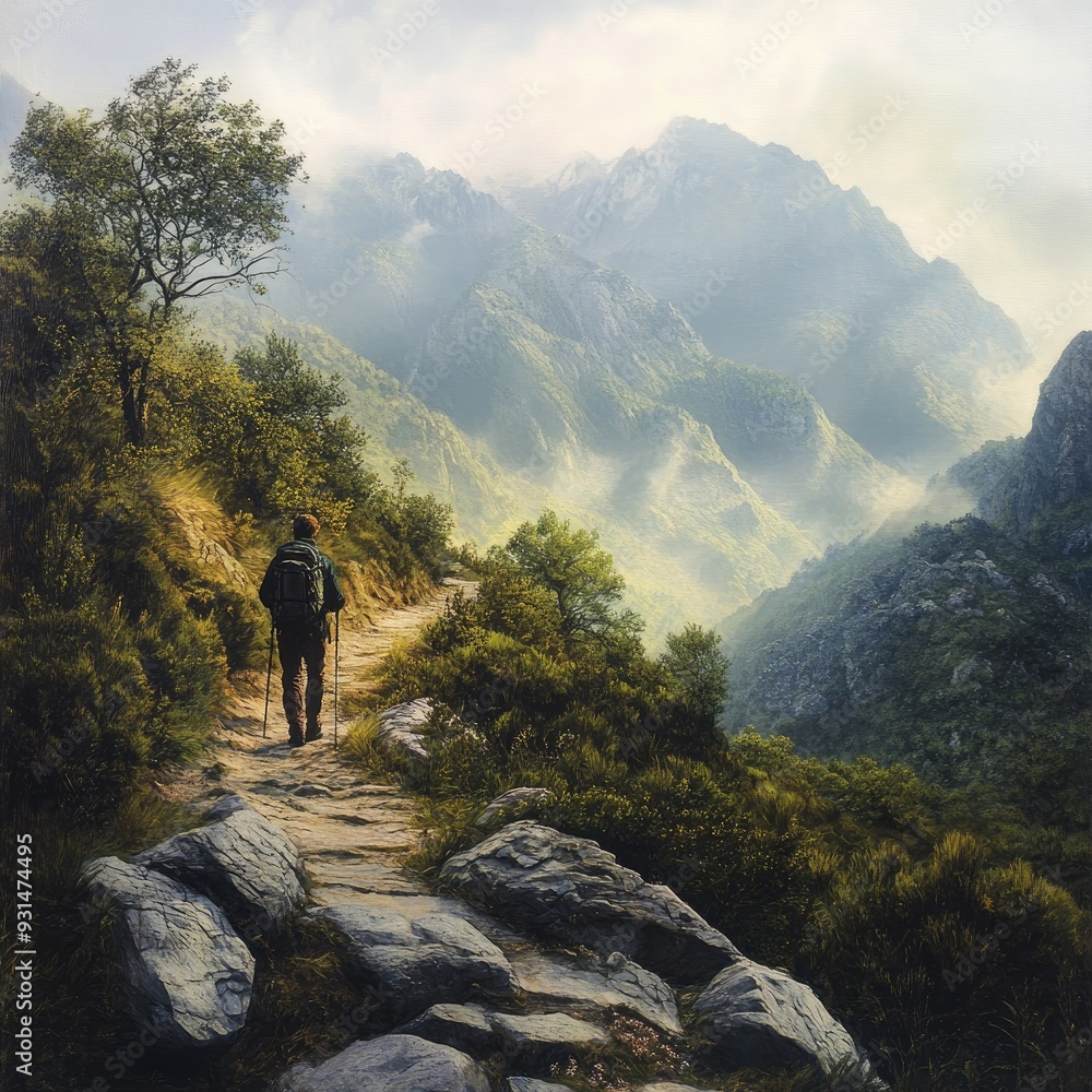 Fototapeta premium A lone trekker enjoying a tranquil moment on a quiet mountain path, with breathtaking views ahead