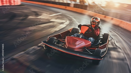 A dynamic shot of a go-kart racer speeding around a track, capturing the thrill and intensity of the race with a sense of motion and speed.