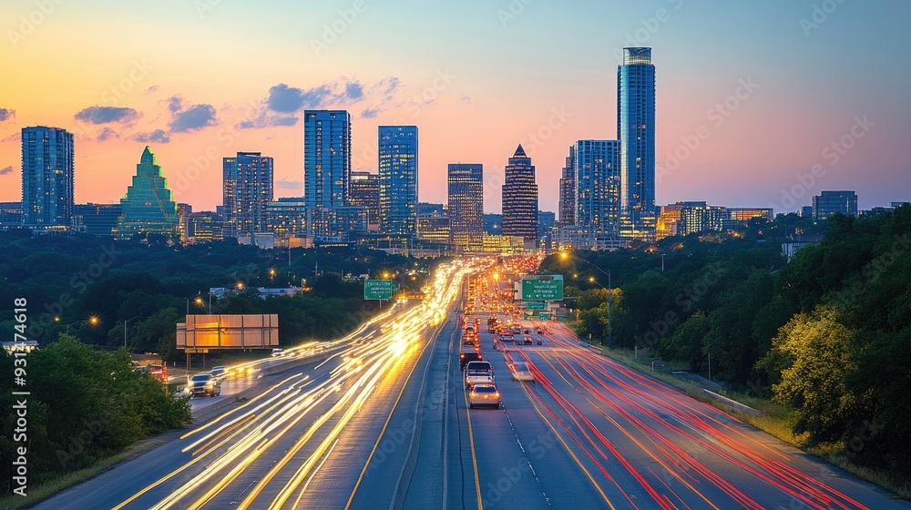 Fototapeta premium A long highway stretching toward a modern city skyline, illuminated by evening lights and bustling with traffic.