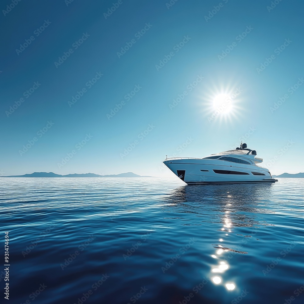 Naklejka premium A luxurious yacht gliding across calm, deep blue waters under a clear sky with the sun shimmering on the surface