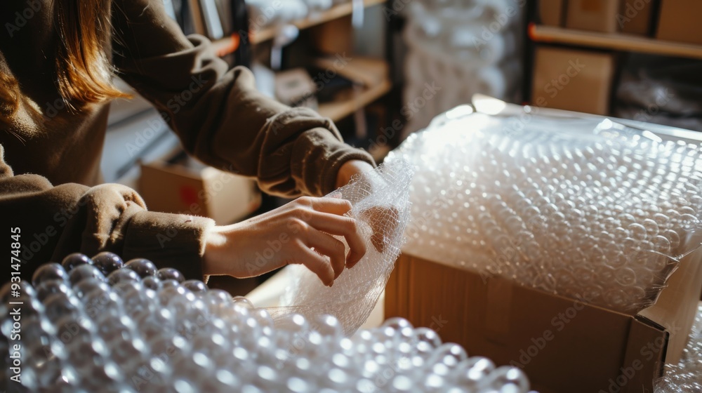 Obraz premium A person cautiously packing a large cardboard box with bubble wrap in a cozy workspace filled with shelves and packing materials.